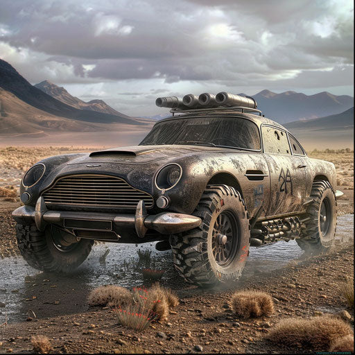 Post-apocalyptic Aston Martin DB6 with armor plating and off-road tires speeding through a deserted wasteland.