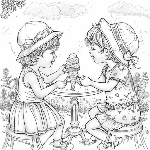 Whimsical scene of best friends sharing an ice cream