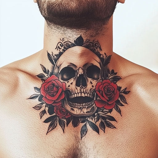Neck tattoos for men with gothic skull and roses, in the style of Gerald Brom