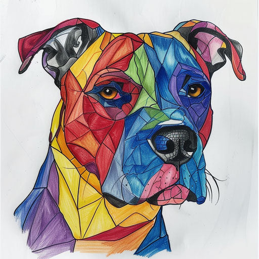 Stained glass style pitbull tattoo with colorful segments