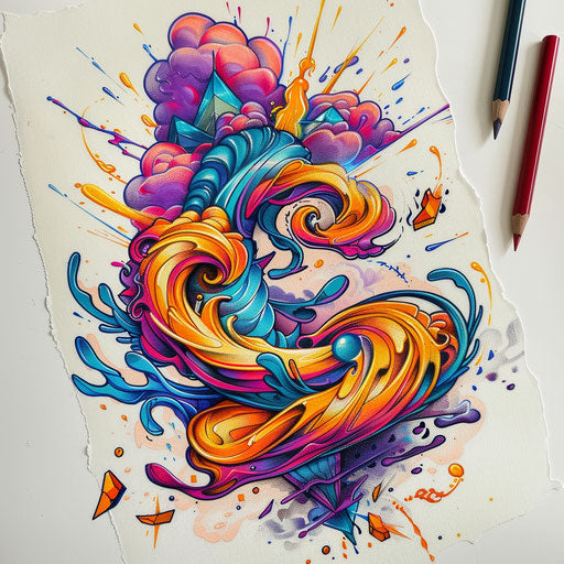 Dynamic flat tattoo sketch of a tornado with swirling debris in vivid colors