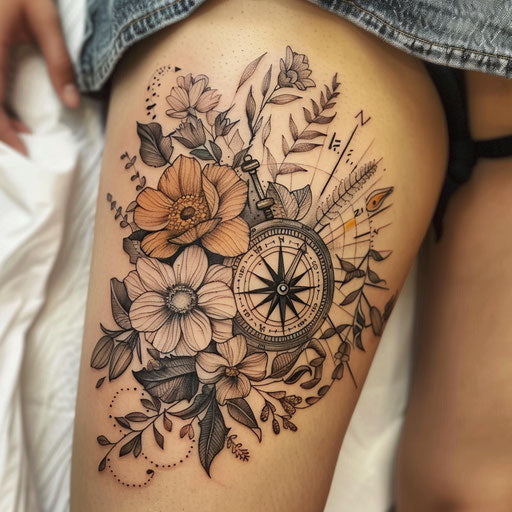 Wildflower tattoo with compass, earthy tones, adventure theme