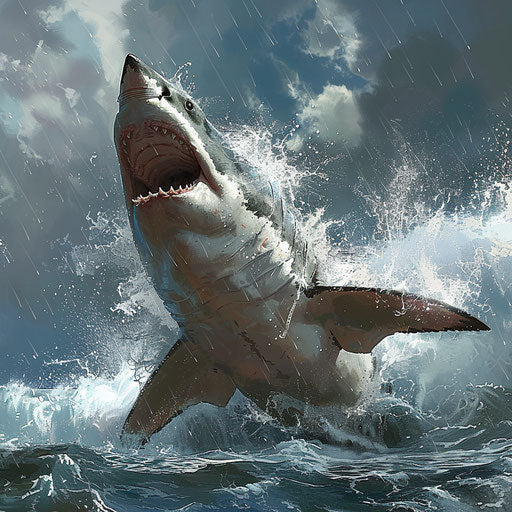 Great white shark leaping out of the ocean with water splashes