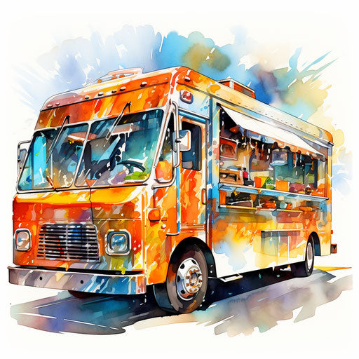 Street food van in Impressionistic Art style, on white bg