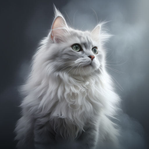 Fluffy cat on grey background, airbrush art style