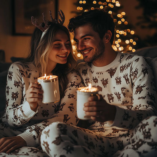 Young couple in their first apartment, toasting with mugs of eggnog in reindeer pajamas, a small tree blinking behind them.