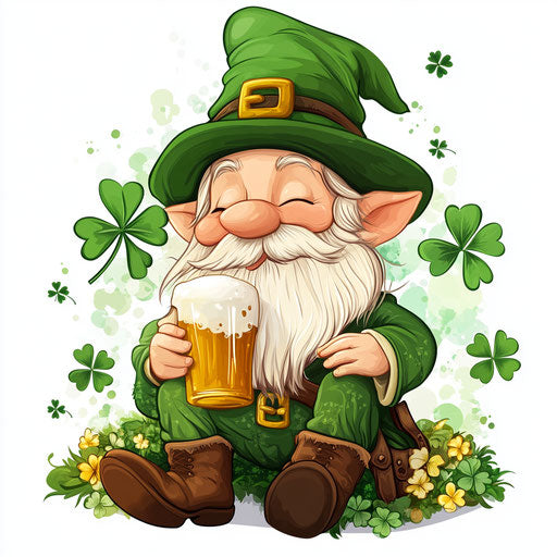 St. Patrick's Day cute gnome with big hat drinking beer