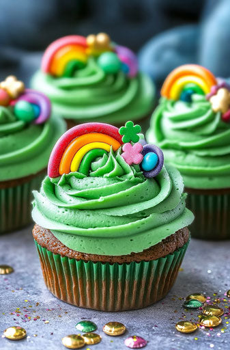 St. Patrick's Day cupcakes with green frosting and rainbow candy