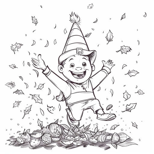 Character shaped like corn jumping in a pile of autumn leaves