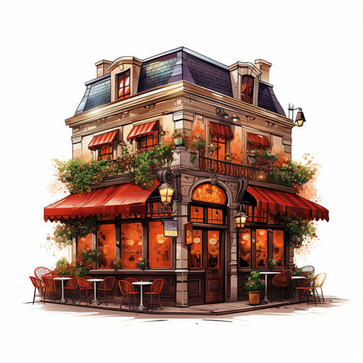 Restaurant in Chiaroscuro Art style on white background