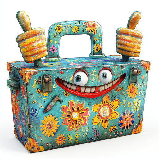 Humorous caricature of a toolbox with exaggerated human characteristics