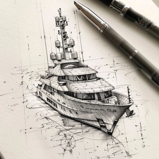 Elegant stippling tattoo sketch of a luxury yacht
