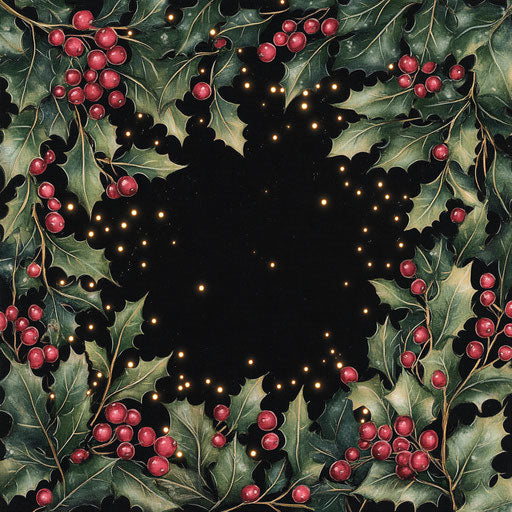 Festive Christmas border with holly berries and twinkling lights