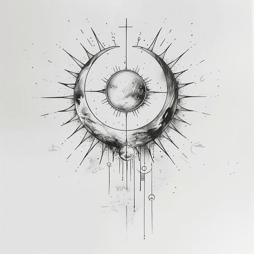 Abstract, minimal tattoo design of a sun and moon, interconnected, on a white background.