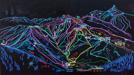 Neon ski resort map on solid black background
