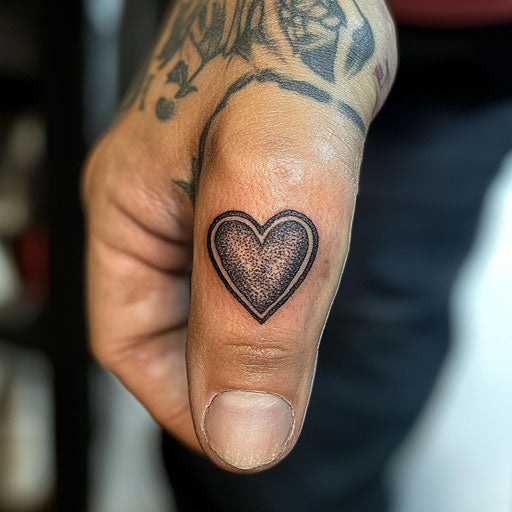 Heart tattoo on finger with deep contrasts and bold highlights