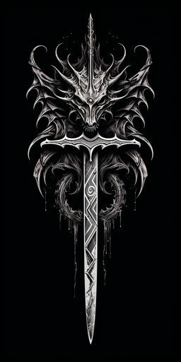 Elegant dragon tattoo on sword, reductionist form style