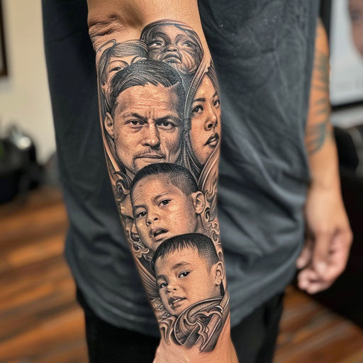 Realistic black & gray family portrait tattoo