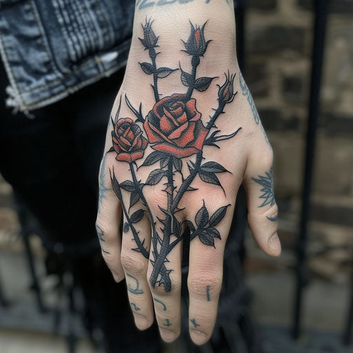 Rose hand tattoo in the style of Gerald Brom with gothic roses and thorns