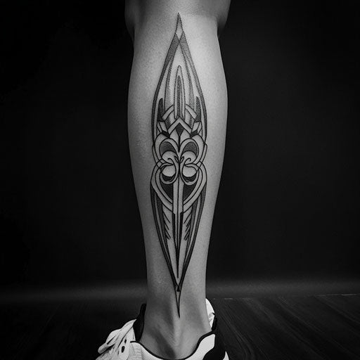 Black and grey tattoo with tribal patterns, in the style of Ami James