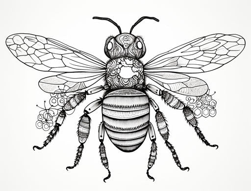Drawing of a honey bee and bee's abdomen, gond art style