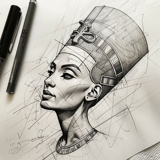 Flat tattoo sketch of Nefertiti with elegant calligraphy