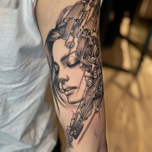 Biomechanical style tattoo of Persephone merging with futuristic machinery