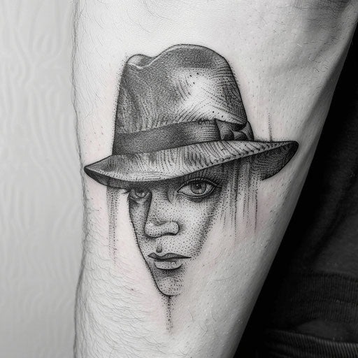 Blackwork tattoo of a gangster's hat and eyes, mysterious and detailed, on a pure white background