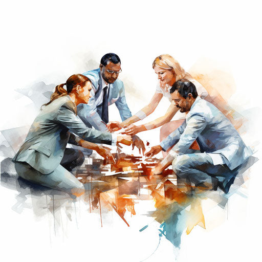 Illustration of teamwork in the style of an oil painting, on a white background
