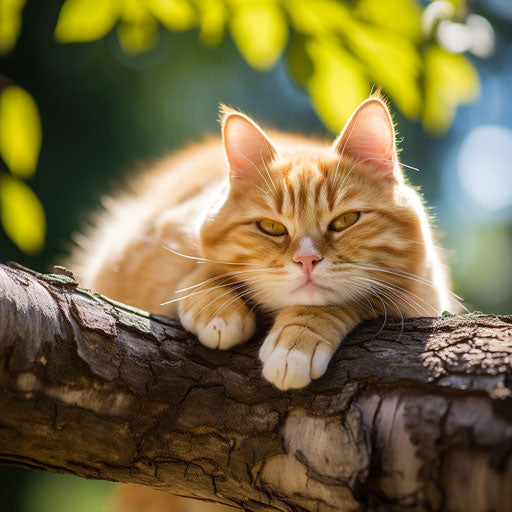 Ginger cat lying on a tree branch