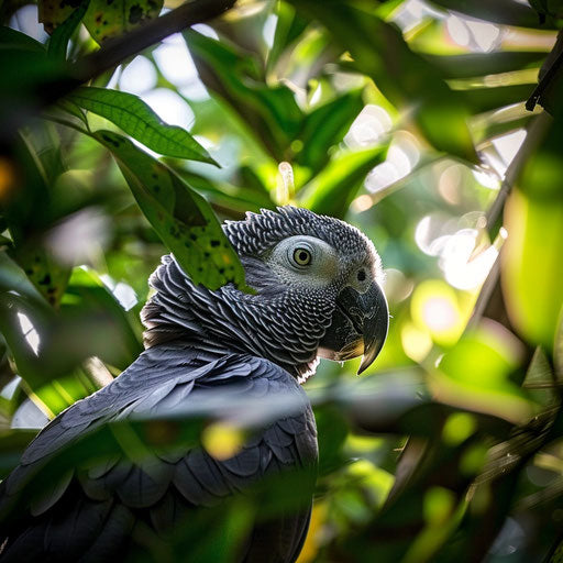 African grey parrot hiding behind leaves in a dense green forest