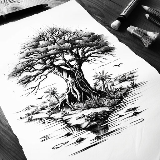 Black and white illustration of a traditional African landscape tattoo design
