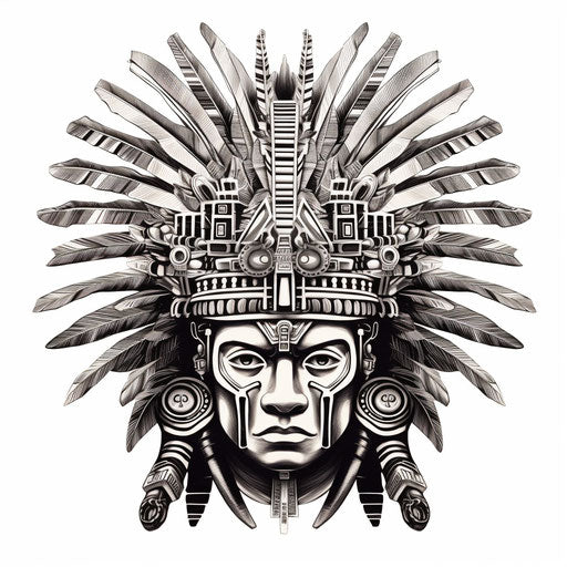 Black and white drawing of Aztec head dress
