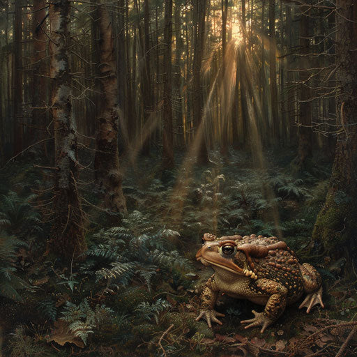 A toad foraging in a dense forest in the style of Roeselien Raimond