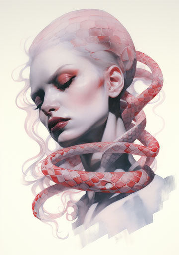 Woman and snake with drawing on the side, gothic tattoo style