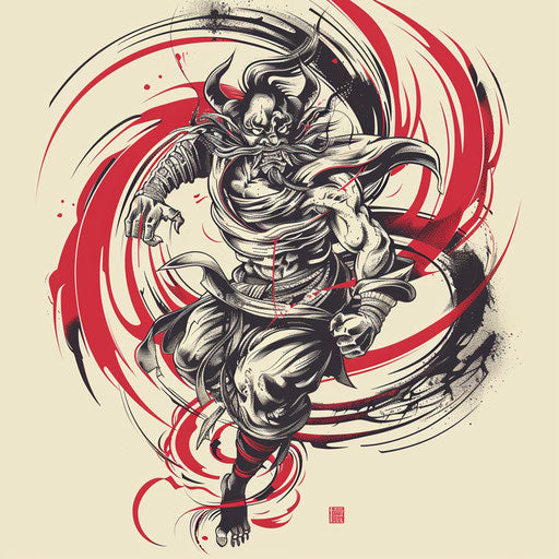 Dynamic tattoo sketch of a Japanese demon in battle stance with swirling wind