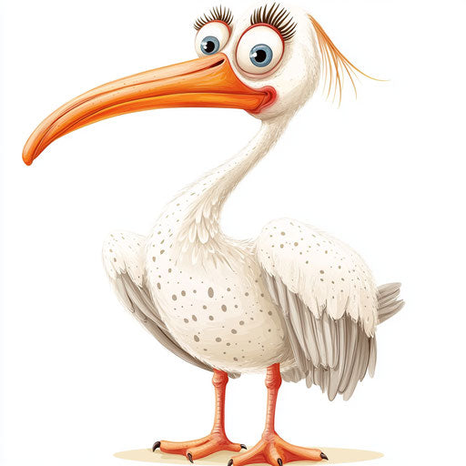 Humorous caricature of a pelican with human characteristics