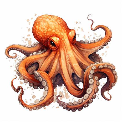 Cartoon octopus on white background, light orange and dark gold style