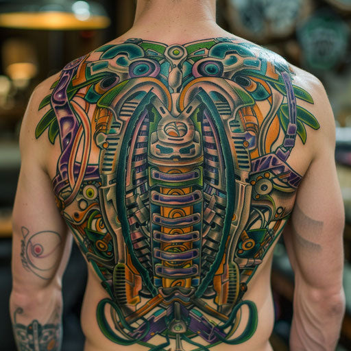 Abstract biomechanical back tattoos for men with vibrant colors