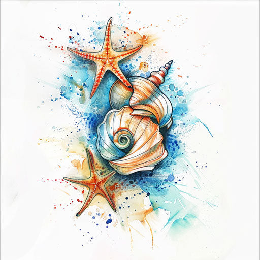 Seashell and starfish in elegant tattoo design