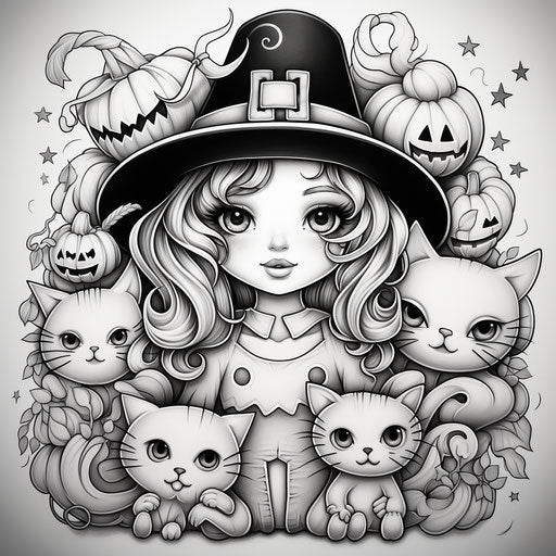 Cute witch and friends coloring page, realistic yet stylized
