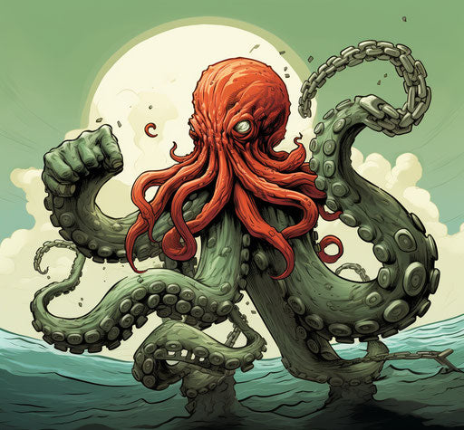 Octopus with anchor and red hook, gothic cartoon style