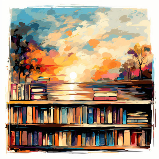 Bookshelf clipart in the style of Impressionistic Art, on white background