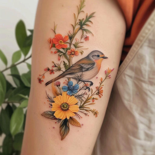 Wildflower tattoo with bird, bright colors, realistic bird