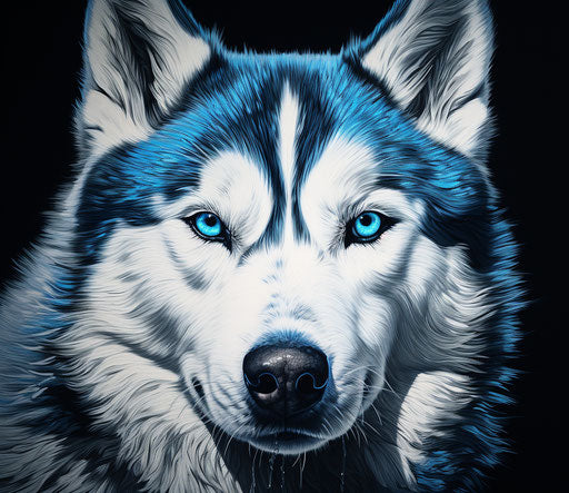 Huskies with deep blue eyes in stark realism style