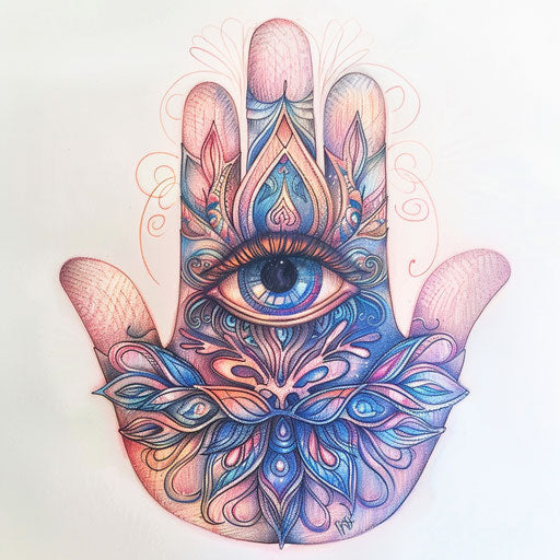 Contemporary hamsa tattoo drawing with pastel tones