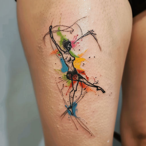 Dynamic flat tattoo sketch of a balancing dancer with bright colors