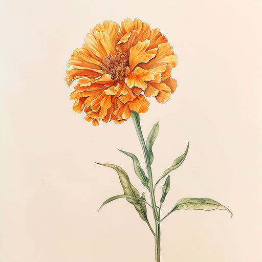 Elegant tattoo sketch of a single marigold with delicate petals in a soft pastel palette