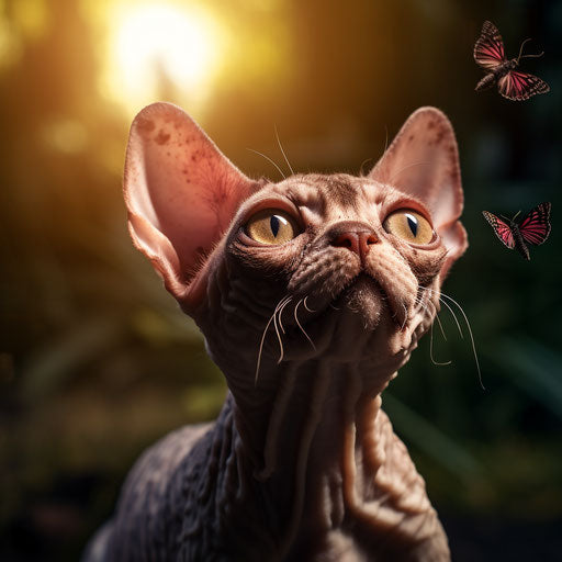 Devon rex cat staring at an insect