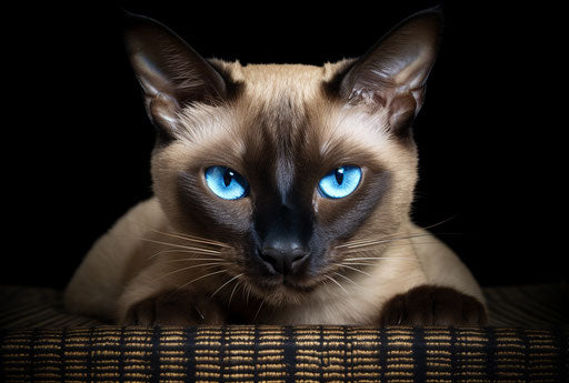 An attractive Siamese cat lying down, brown and azure style